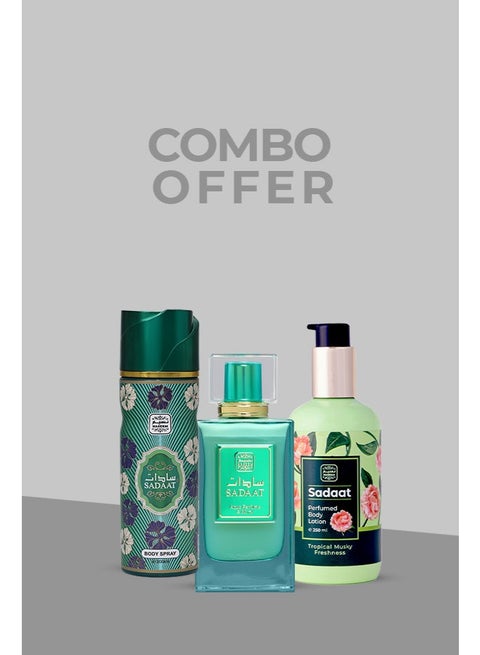 مجموعة عائلة سادات – عطر سادات EDP 80 مل، لوشن الجسم 250 مل، بخاخ الجسم 200 مل – عبوة من 3 عطور