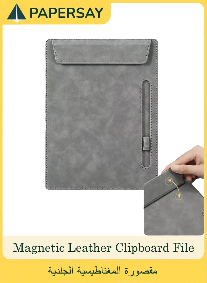 PAPERSAY Magnetic Leather Clipboard File Clipboard Holder, Meeting Minutes Vertical Writing Board, Signature Board Holder Cardboard with Pen Slot for Office, Home, School (Grey) - Image 1