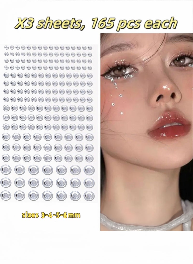 3 Sheets Self-Adhesive Pearl Eyeshadow Stickers (495PCS), 3D White Hair & Face Gems, Multi-Size Pearls for Bridal Makeup, Festival Look & DIY Decorations - Image 1