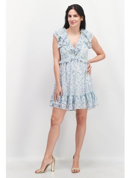 forever new Women Floral Pattern Mini Dress, Blue Combo  - Image 3