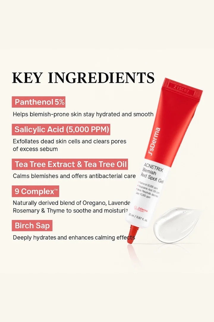 چسديرما جل JsDerma Acnetrix Blemish Red Spot - حمض الساليسيليك وشجرة الشاي - علاج مُستهدف لحب الشباب للبشرة الحساسة - 20 جم
