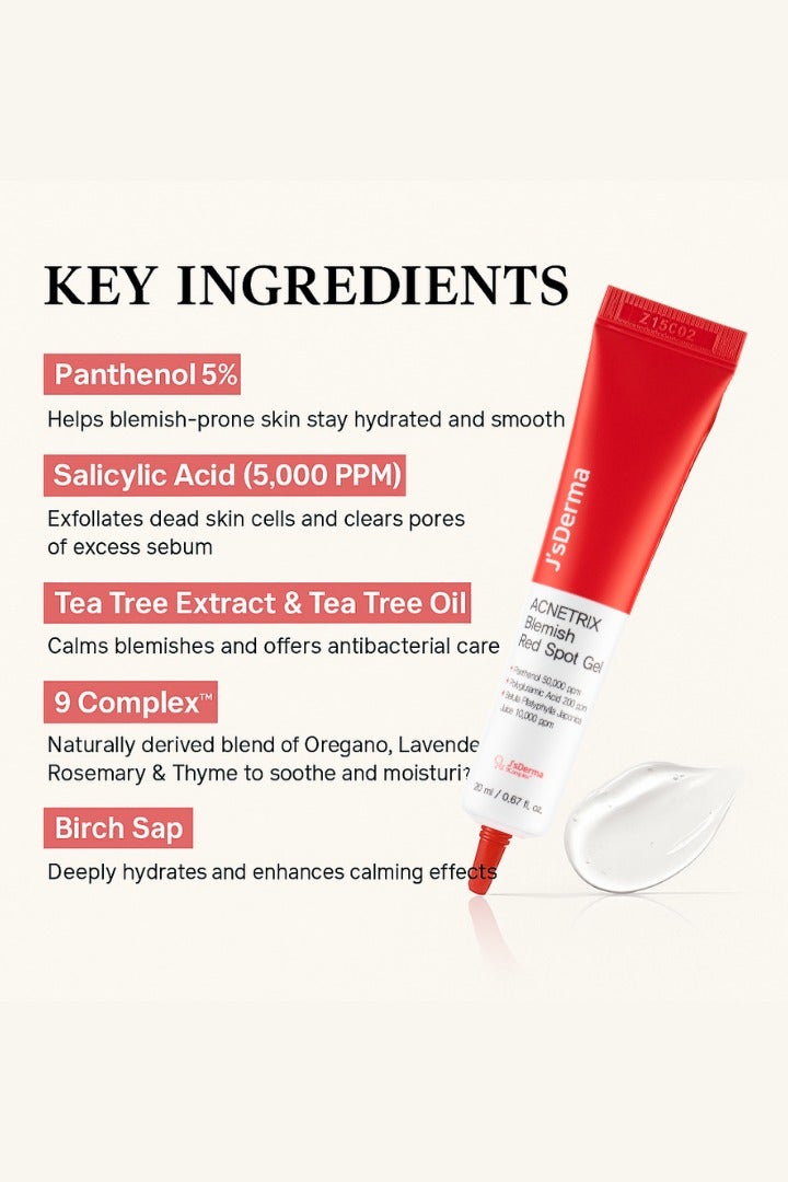 J'sDerma 5,000 PPM Salicylic Acid & Tea Tree – Targeted Acne Treatment for Sensitive Skin Acnetrix Blemish Red Spot Gel – 20ml - Image 2