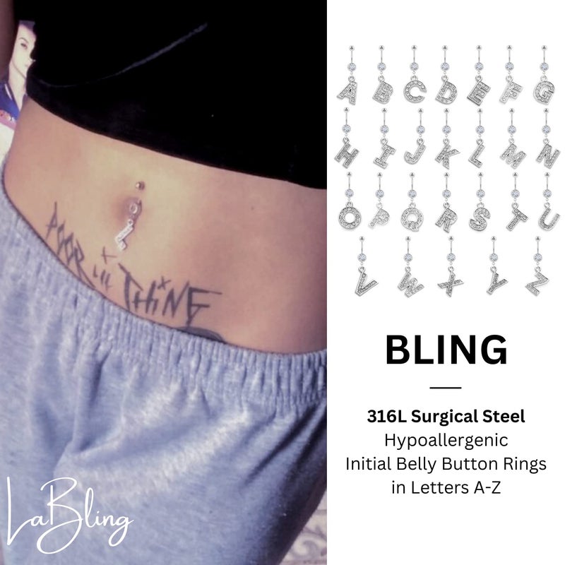 LaBling Initial Dangle Belly Button Rings | Embellished with CZ Crystals in Silver Letters A to Z | Ideal for Navel Piercings Belly Piercings - Image 3
