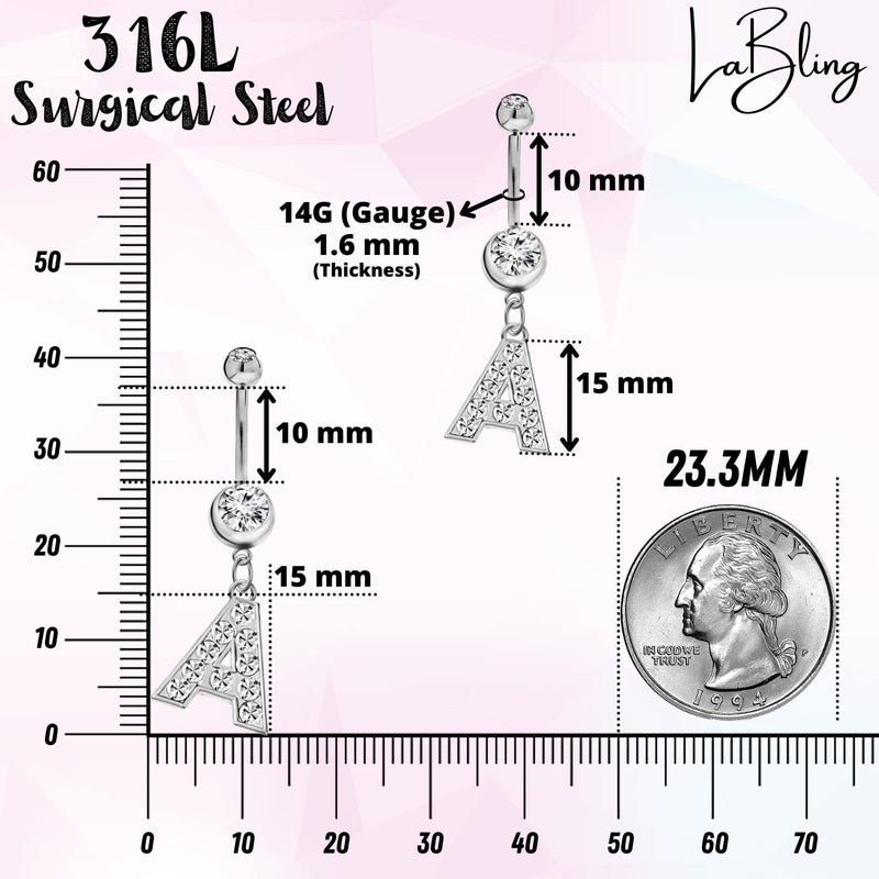 LaBling Initial Dangle Belly Button Rings | Embellished with CZ Crystals in Silver Letters A to Z | Ideal for Navel Piercings Belly Piercings - Image 2
