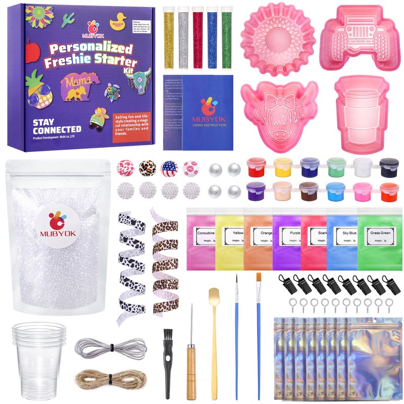 MUBYOK M140 85PCS Car Freshie Supplies Starter kit with Unscented Aroma BeadsSilicone MoldsAcrylic PaintMica PowderGlitter and Accessories Make 8 Freshies
