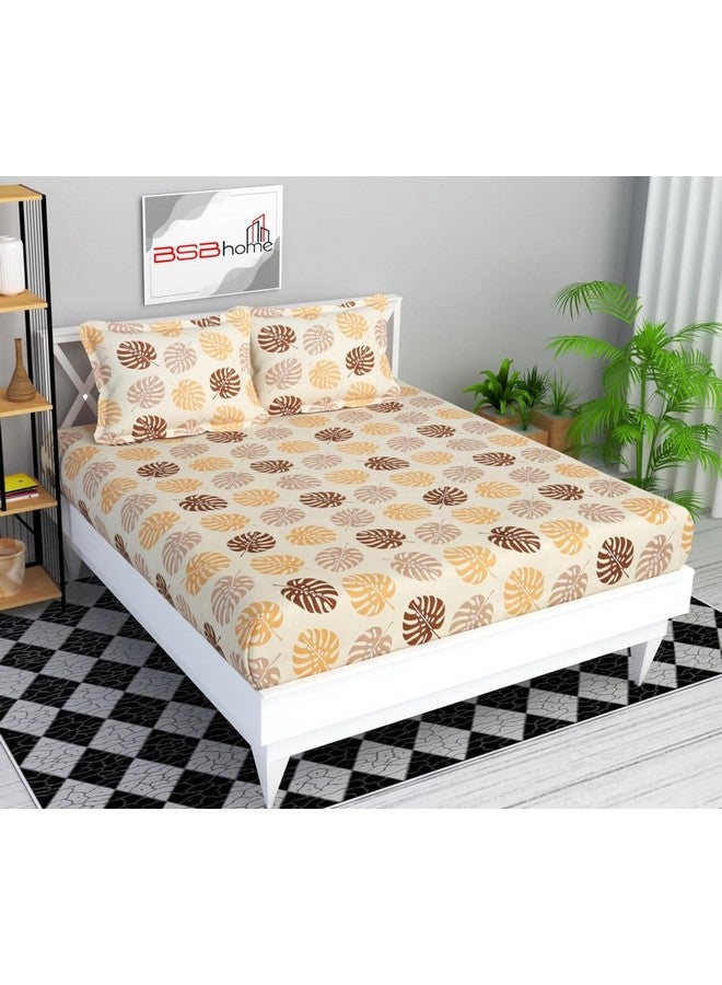 BSB HOME BSB HOME Premium Cotton Flat Double Bedsheets with 2 King Size Pillow Covers | Double Bed Breathable | Wrinklefree | Ultrasoft 200 TC Supersoft | 90x90 Inches| Beige Brown Leaf Print  - Image 1