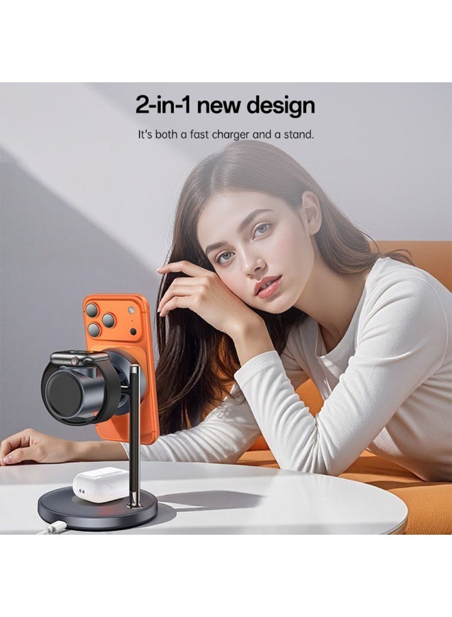 Yesido DS40 Qi2 3-in-1 Magnetic Wireless Charger Stand 32.5W - 25W Fast Charging Station with Cooling Fan for iPhone/Android & Apple/Samsung Watch - Black/Grey - Image 5