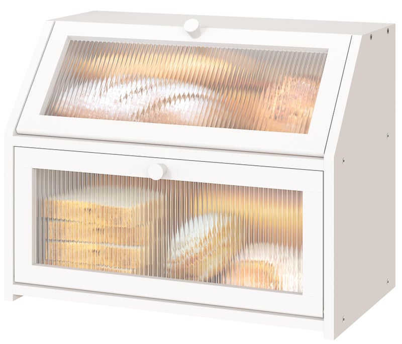 Vriccc White Bread Box for Kitchen Counter, Large Bamboo Wood Double Layer Bread Box, Wooden Bread Storage Capacity - Image 1