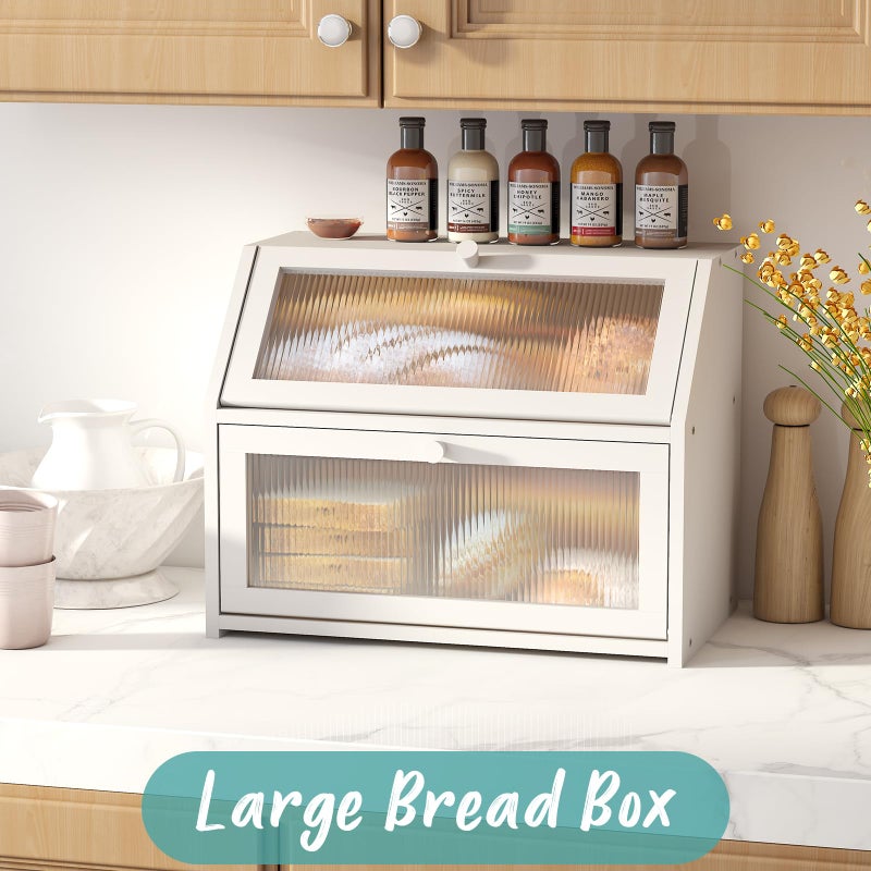Vriccc White Bread Box for Kitchen Counter, Large Bamboo Wood Double Layer Bread Box, Wooden Bread Storage Capacity - Image 2