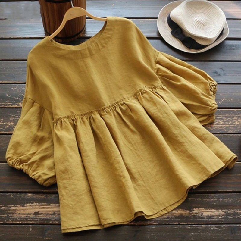 Women's Cotton Linen Lantern Sleeve Blouse - Image 3