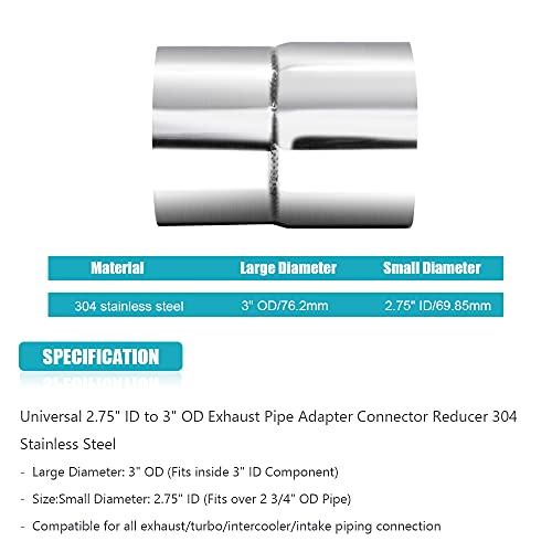A ABIGAIL 2 PCS Universal 2.75" ID to 3" OD Exhaust Pipe Adapter Connector Reducer 304 Stainless Steel 2.75 Inch to 3 Inch 2 3/4” ID to 3” OD kit - Image 3