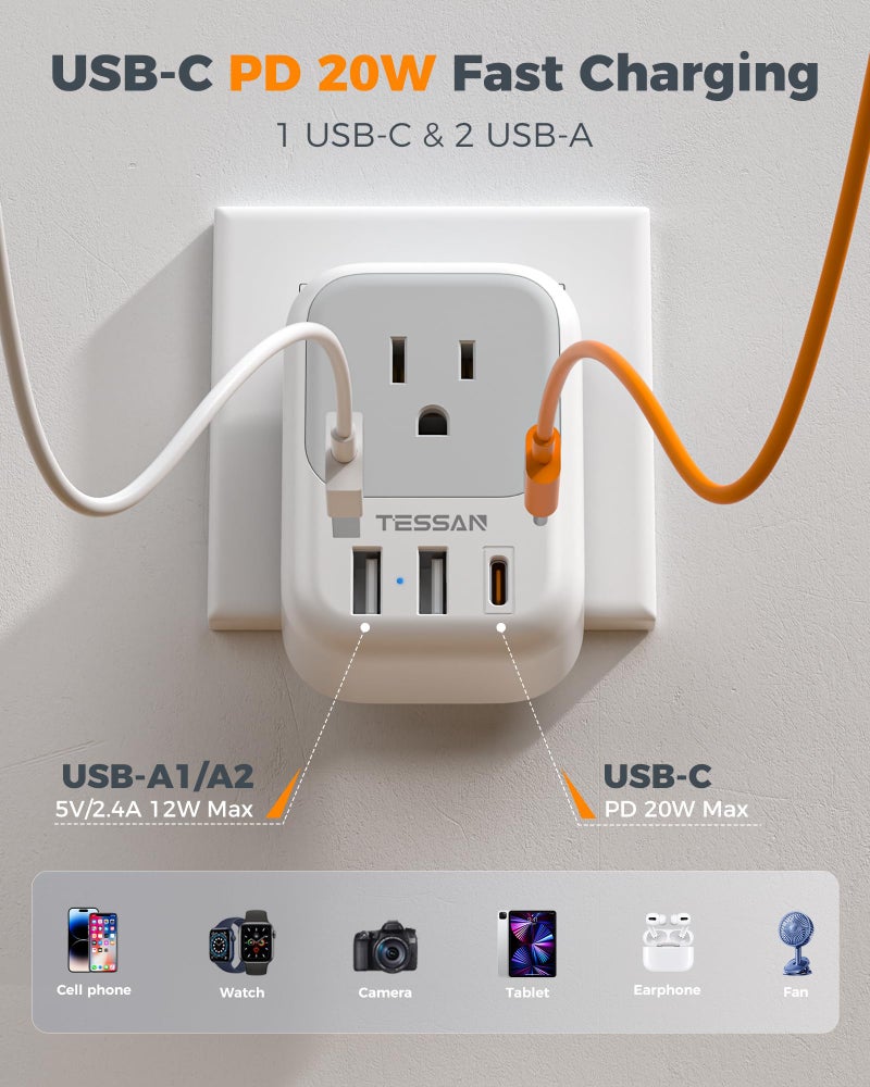 TESSAN European Travel Plug Adapter USB C 3 Pack, PD 20W US to Europe Plug Adapter with 4 AC Outlets 3 USB Ports, Type C Power Adaptor for USA to EU Euro Spain France Iceland Italy Germany Greece - Image 3