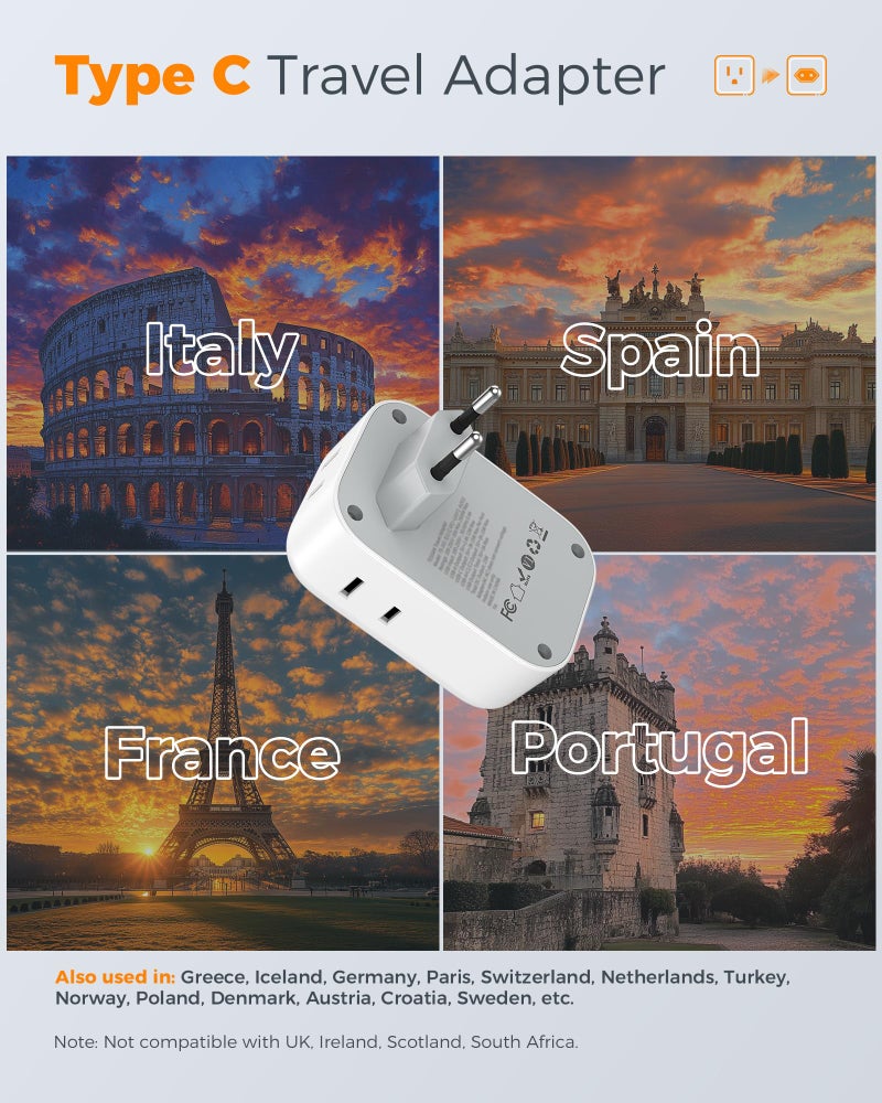 TESSAN European Travel Plug Adapter USB C 3 Pack, PD 20W US to Europe Plug Adapter with 4 AC Outlets 3 USB Ports, Type C Power Adaptor for USA to EU Euro Spain France Iceland Italy Germany Greece - Image 2