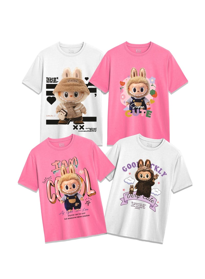 شارع يو يو ستريت تيشيرتات لابوبو – عبوة من 4 قطع – تصاميم كرتونية مرحة لإطلالة يومية - Image 1