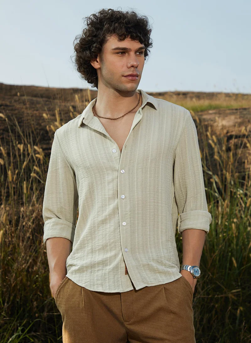 Campus Sutra Men's Saltbox Beige Trough-Tactile Shirt