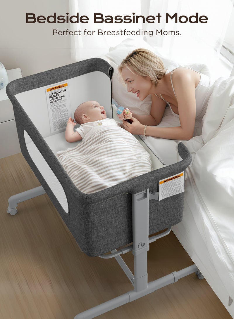 Babyomi 3-in-1 Baby Bassinet with Comfy Mattress, Wheels & 6 Height Adjustments,Grey - Image 2