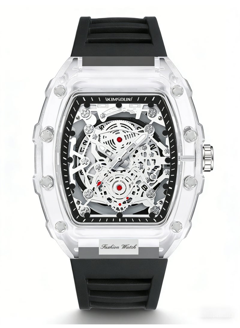 كيمسدون KIMSDUN Transparent Tonneau Skeleton Watch for Men | Black Silicone Strap | Fashion Mechanical Style Quartz Wristwatch with Date - Image 2