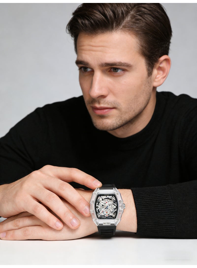 كيمسدون KIMSDUN Transparent Tonneau Skeleton Watch for Men | Black Silicone Strap | Fashion Mechanical Style Quartz Wristwatch with Date - Image 4
