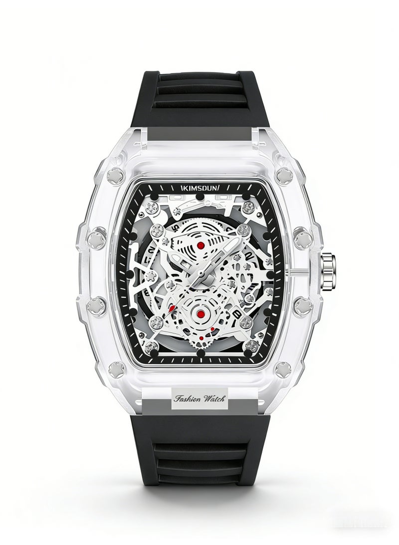 كيمسدون KIMSDUN Transparent Tonneau Skeleton Watch for Men | Black Silicone Strap | Fashion Mechanical Style Quartz Wristwatch with Date - Image 1