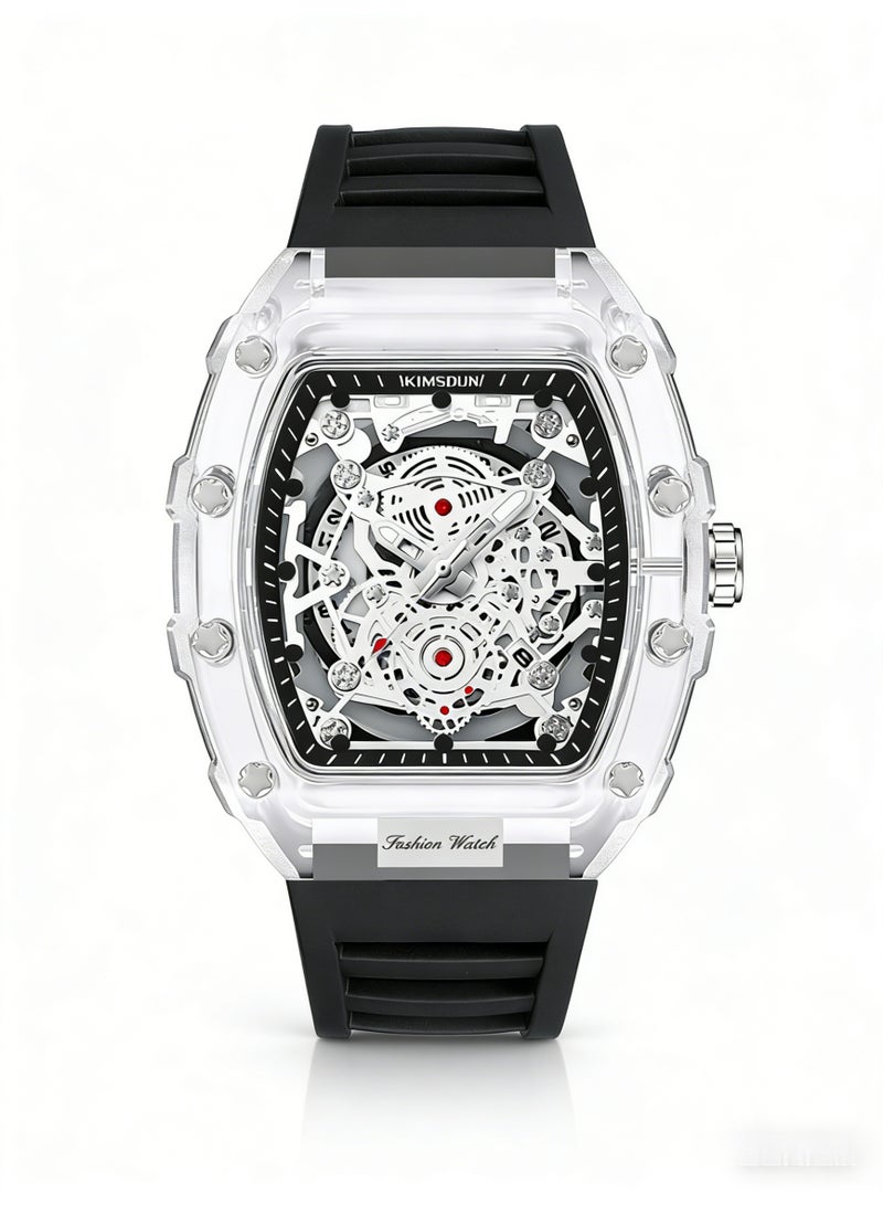 كيمسدون KIMSDUN Transparent Tonneau Skeleton Watch for Men | Black Silicone Strap | Fashion Mechanical Style Quartz Wristwatch with Date - Image 3