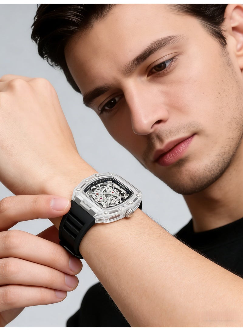 كيمسدون KIMSDUN Transparent Tonneau Skeleton Watch for Men | Black Silicone Strap | Fashion Mechanical Style Quartz Wristwatch with Date - Image 5