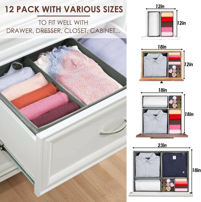 Criusia 12 Pack Drawer Organizers for Clothing, Foldable Clothes Storage Box Closet Dresser Drawer Organizers Dividers, Bedroom Organization Fabric Bins for Baby Clothes Underwear Sock Bra Ties (Grey) - Image 3