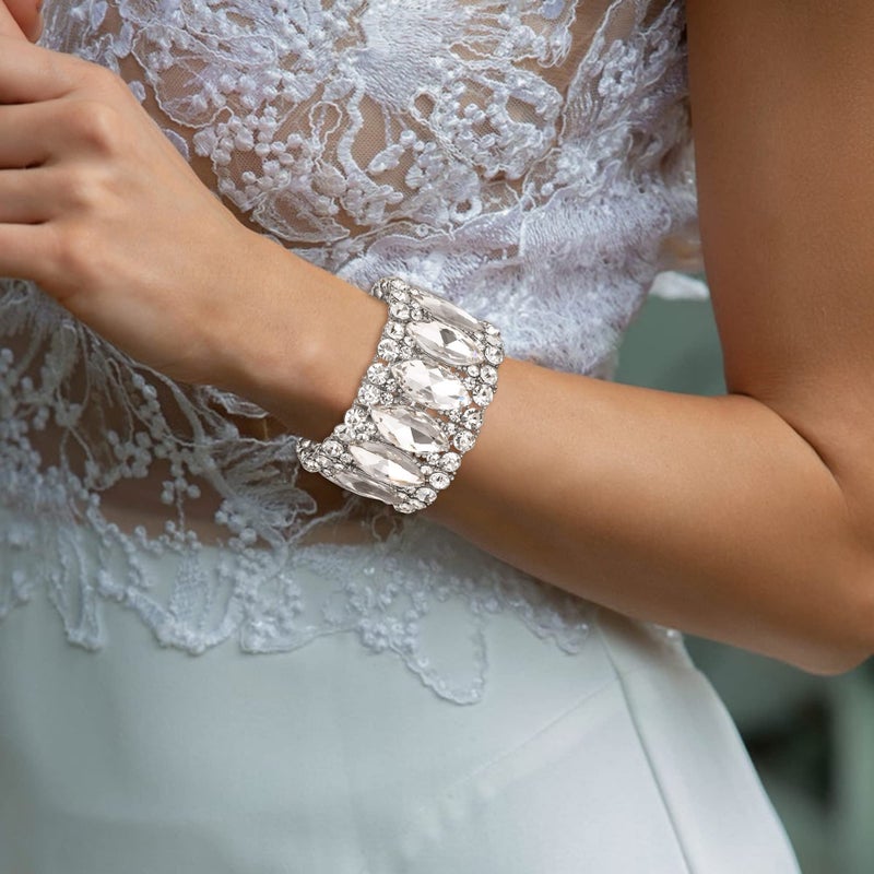 BriLove Wedding Bridal Elegant Crystal Double Row Rhinestones Marquise Cluster Stretch Bangle Bracelet for Bride Clear Silver-Tone - Image 4