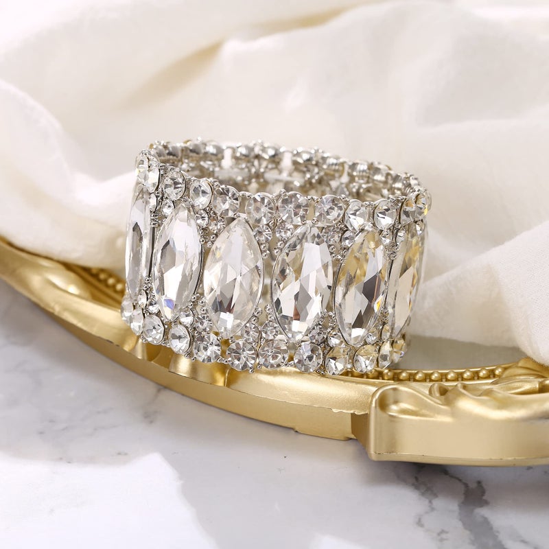 BriLove Wedding Bridal Elegant Crystal Double Row Rhinestones Marquise Cluster Stretch Bangle Bracelet for Bride Clear Silver-Tone - Image 5