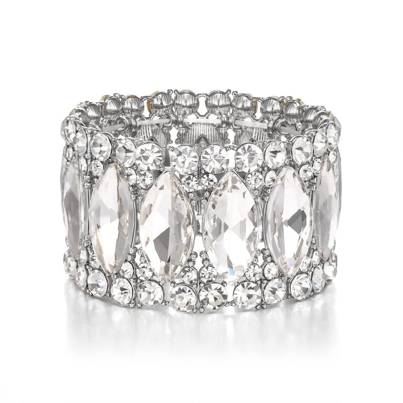 BriLove Wedding Bridal Elegant Crystal Double Row Rhinestones Marquise Cluster Stretch Bangle Bracelet for Bride Clear Silver-Tone - Image 1