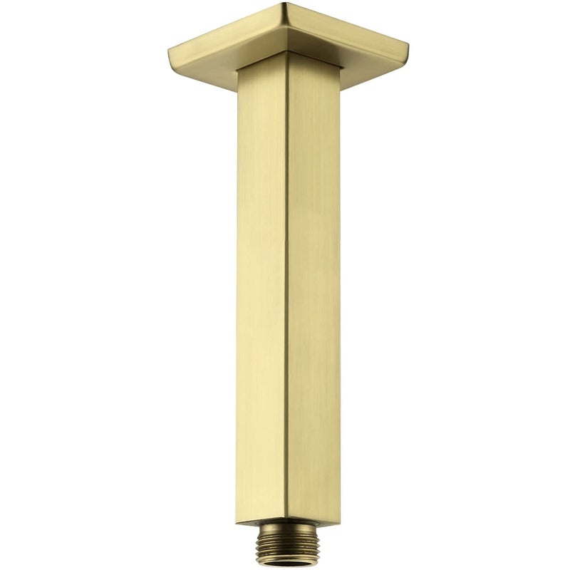 Brushed Gold Shower Arm with Flange 6 Inch Straight Stainless Steel Top Rainfall Shower Head Extension Pipe Square Shaped