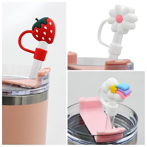 Meitesti Flower Straw Cover Cap for Stanley Cup Silicone Straw Topper Compatible with 30 and 40 Oz Tumbler with Handle,Straw Tip Covers 10 mm 0.4 in for Straw Tip Covers (6pcs Rainbow Flower Strawberry) - Image 2