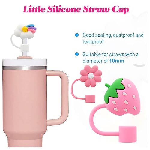 Meitesti Flower Straw Cover Cap for Stanley Cup Silicone Straw Topper Compatible with 30 and 40 Oz Tumbler with Handle,Straw Tip Covers 10 mm 0.4 in for Straw Tip Covers (6pcs Rainbow Flower Strawberry) - Image 5