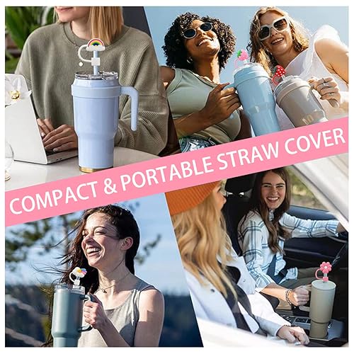 Meitesti Flower Straw Cover Cap for Stanley Cup Silicone Straw Topper Compatible with 30 and 40 Oz Tumbler with Handle,Straw Tip Covers 10 mm 0.4 in for Straw Tip Covers (6pcs Rainbow Flower Strawberry) - Image 4
