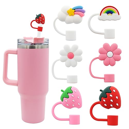 Meitesti Flower Straw Cover Cap for Stanley Cup Silicone Straw Topper Compatible with 30 and 40 Oz Tumbler with Handle,Straw Tip Covers 10 mm 0.4 in for Straw Tip Covers (6pcs Rainbow Flower Strawberry) - Image 1