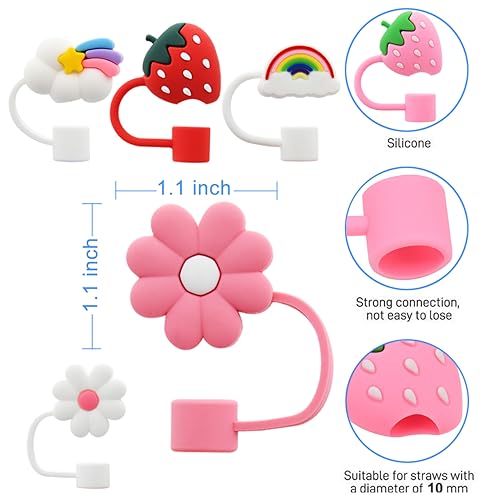 Meitesti Flower Straw Cover Cap for Stanley Cup Silicone Straw Topper Compatible with 30 and 40 Oz Tumbler with Handle,Straw Tip Covers 10 mm 0.4 in for Straw Tip Covers (6pcs Rainbow Flower Strawberry) - Image 3