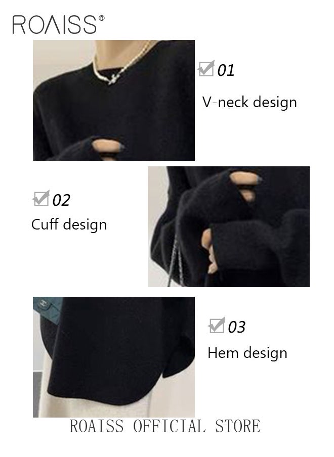 roaiss - Ladies MediumLength Loose Sweater Lazy Style Solid Color Round Neck Long Sleeves Cashmere Fabric Cozy and Stylish - Image 1