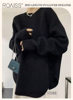 roaiss Ladies MediumLength Loose Sweater Lazy Style Solid Color Round Neck Long Sleeves Cashmere Fabric Cozy and Stylish  - Image 2