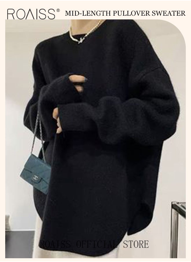 roaiss - Ladies MediumLength Loose Sweater Lazy Style Solid Color Round Neck Long Sleeves Cashmere Fabric Cozy and Stylish - Image 1