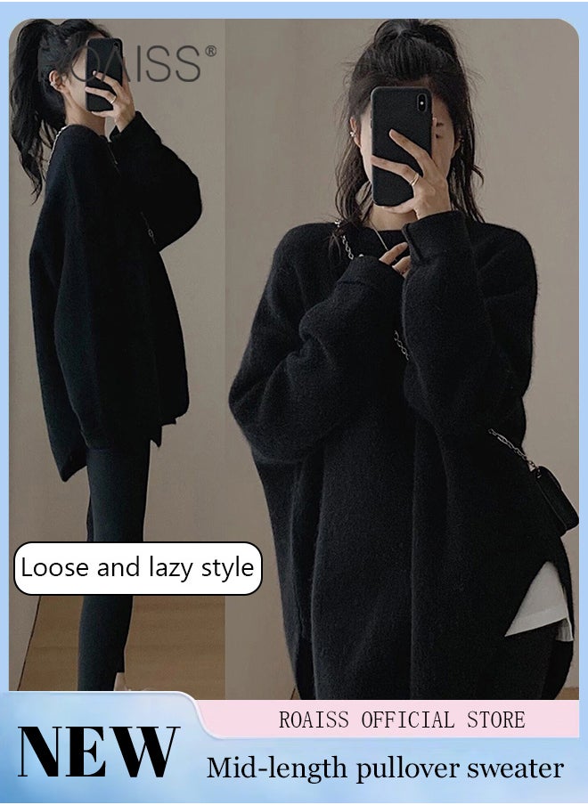 roaiss - Ladies MediumLength Loose Sweater Lazy Style Solid Color Round Neck Long Sleeves Cashmere Fabric Cozy and Stylish - Image 1