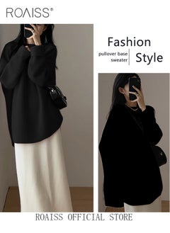 roaiss Ladies MediumLength Loose Sweater Lazy Style Solid Color Round Neck Long Sleeves Cashmere Fabric Cozy and Stylish  - Image 3