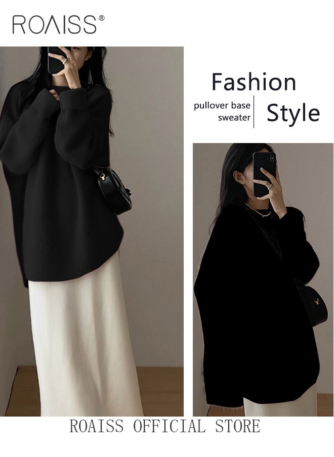 roaiss - Ladies MediumLength Loose Sweater Lazy Style Solid Color Round Neck Long Sleeves Cashmere Fabric Cozy and Stylish - Image 1