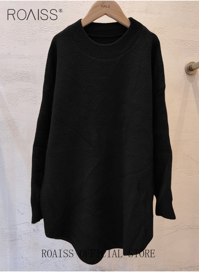 roaiss - Ladies MediumLength Loose Sweater Lazy Style Solid Color Round Neck Long Sleeves Cashmere Fabric Cozy and Stylish - Image 1