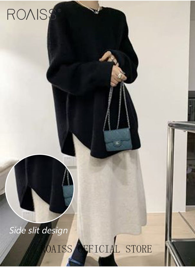 roaiss - Ladies MediumLength Loose Sweater Lazy Style Solid Color Round Neck Long Sleeves Cashmere Fabric Cozy and Stylish - Image 1