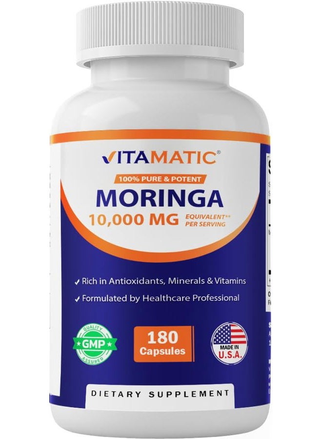 Vitamatic Moringa Capsules 10,000 mg Equivalent Per Serving (from 50:1 Extract 200 mg) - 180 Capsules - Pure Moringa Oleifera Leaf Powder Supplement - Green Superfood - Non-GMO, Made in The USA - Image 1