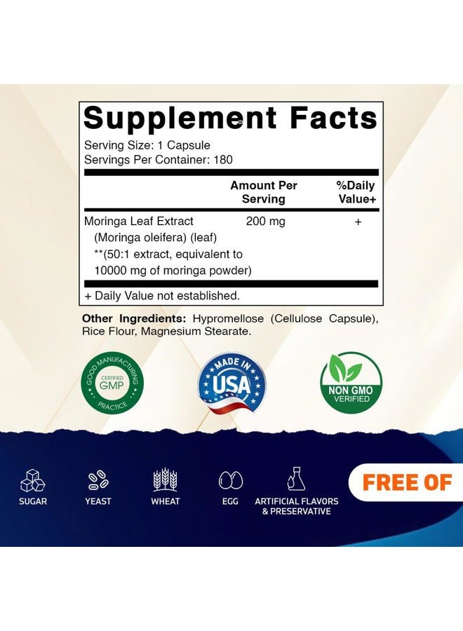 Vitamatic Moringa Capsules 10,000 mg Equivalent Per Serving (from 50:1 Extract 200 mg) - 180 Capsules - Pure Moringa Oleifera Leaf Powder Supplement - Green Superfood - Non-GMO, Made in The USA - Image 2