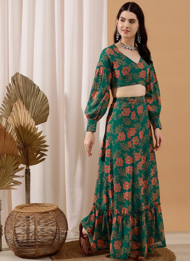 Indo Street Floral Printed Crop Top & Skirt Set for Women