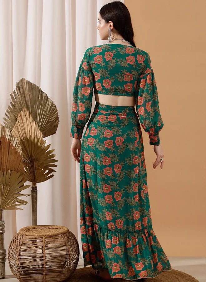 Indo Street Floral Printed Crop Top & Skirt Set for Women