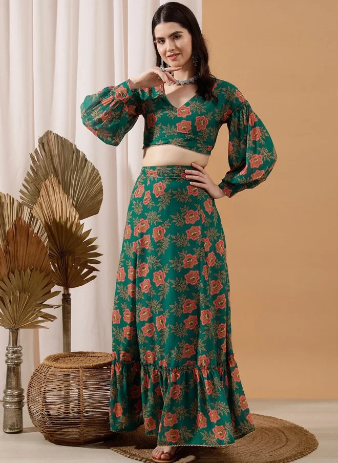 Indo Street Floral Printed Crop Top & Skirt Set for Women