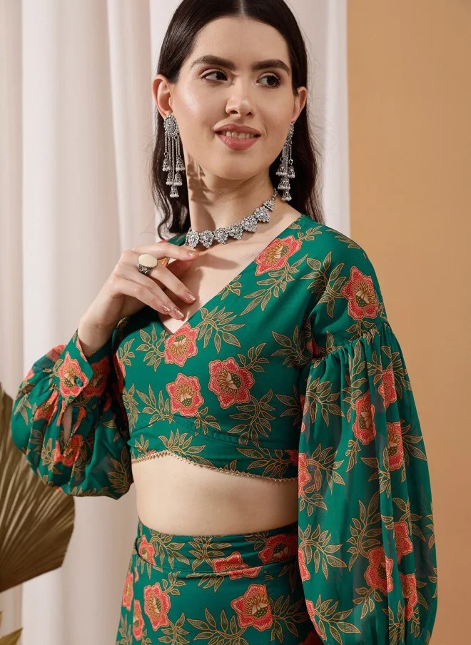 Indo Street Floral Printed Crop Top & Skirt Set for Women
