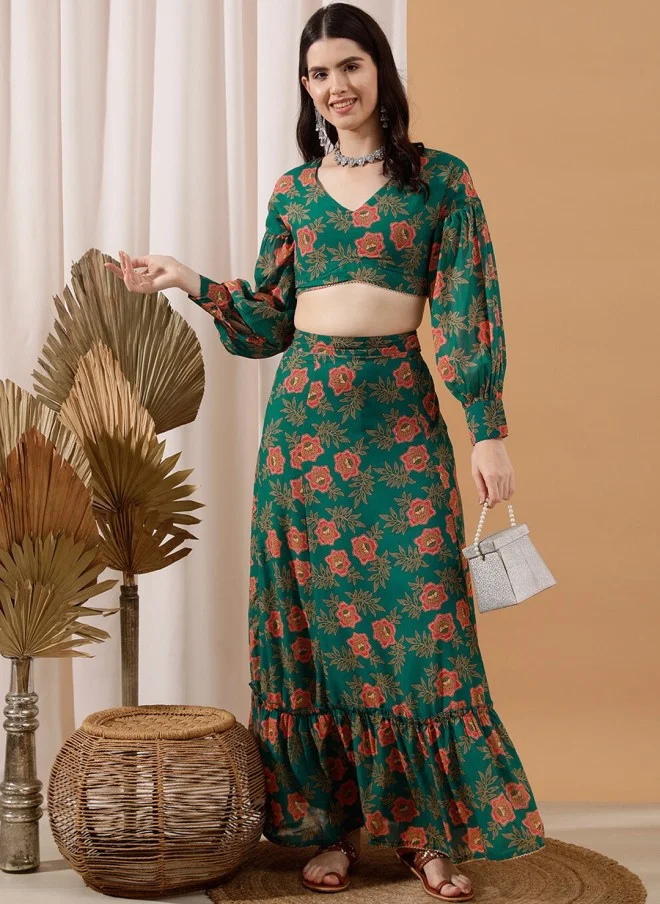 Indo Street Floral Printed Crop Top & Skirt Set for Women